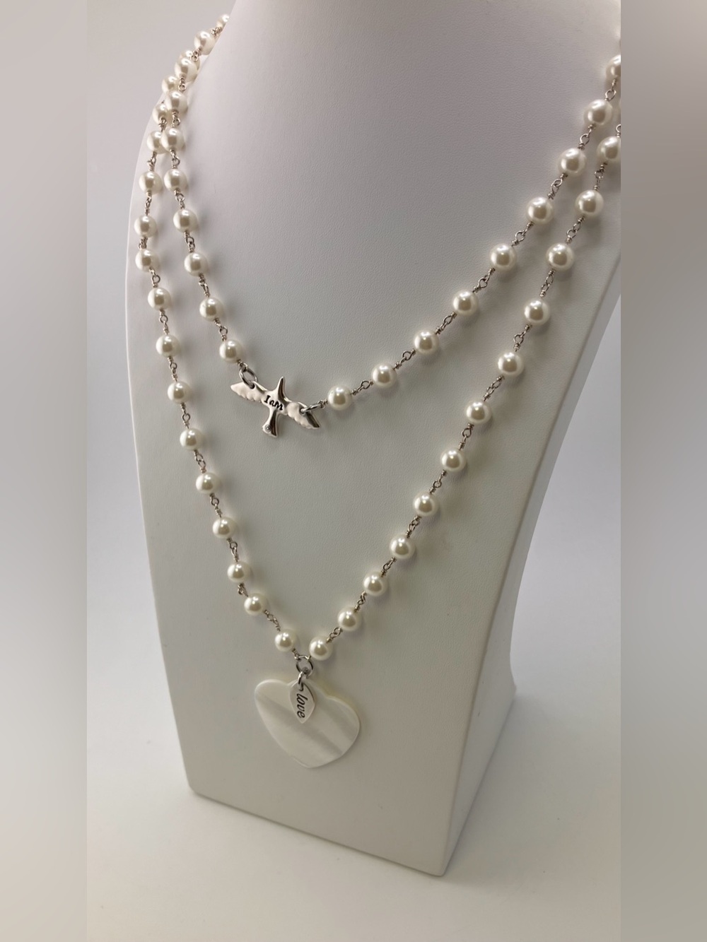 Katia Designs Silver/White Pearl Heart & Dove Layered Necklace NWT